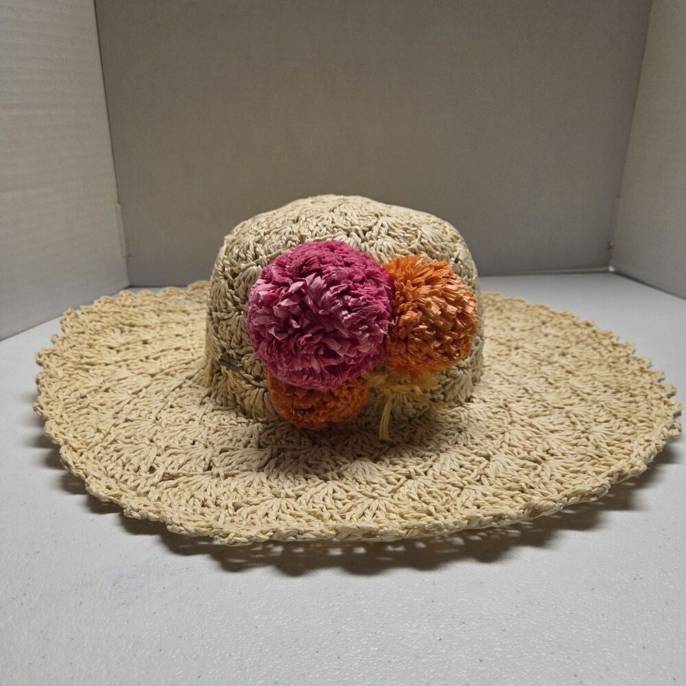 Mud Pie Wide Brim Woven Straw Sun Hat Pom Pom Beach Cruise Vacation